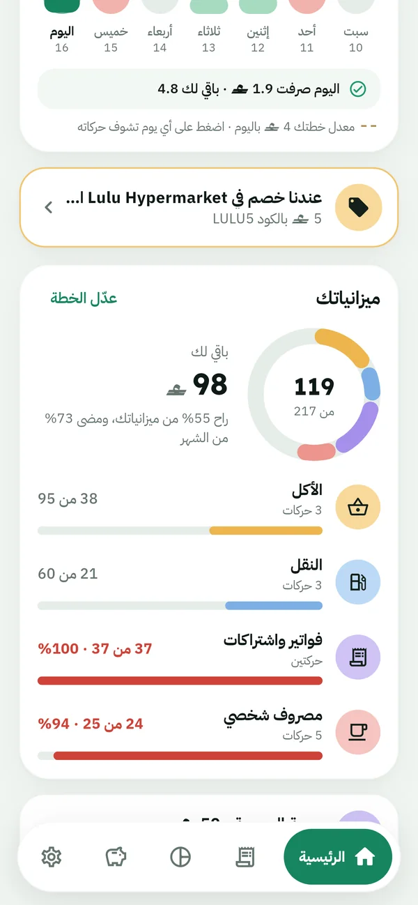 الميزانيات: حد لكل بند، وتشوف وين وصلت فيه.