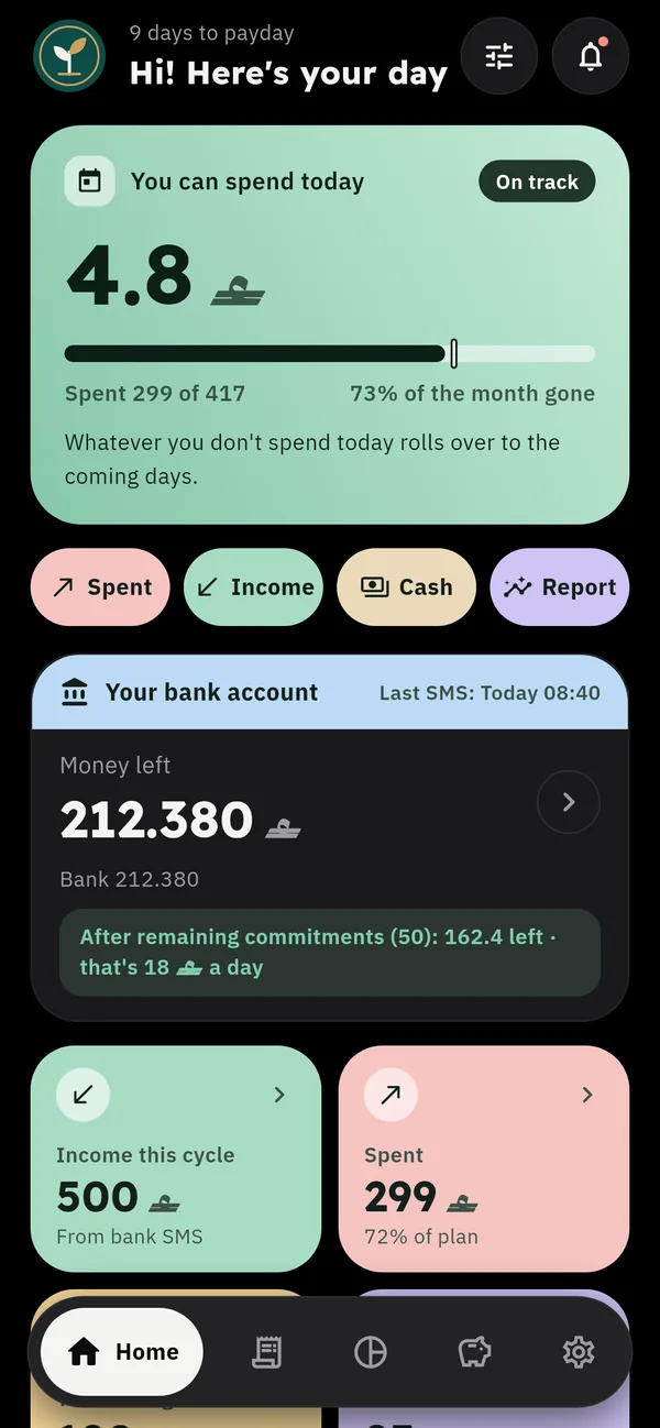 Dhukhr home screen in dark mode