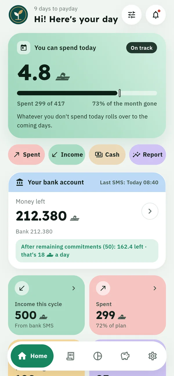 Dhukhr home screen: what you can spend today and your balance