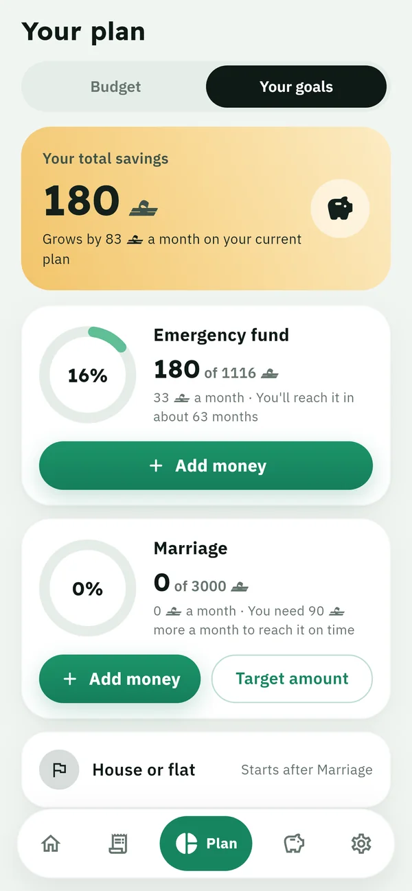 Monthly plan: Your salary split across the month, and how much you save.